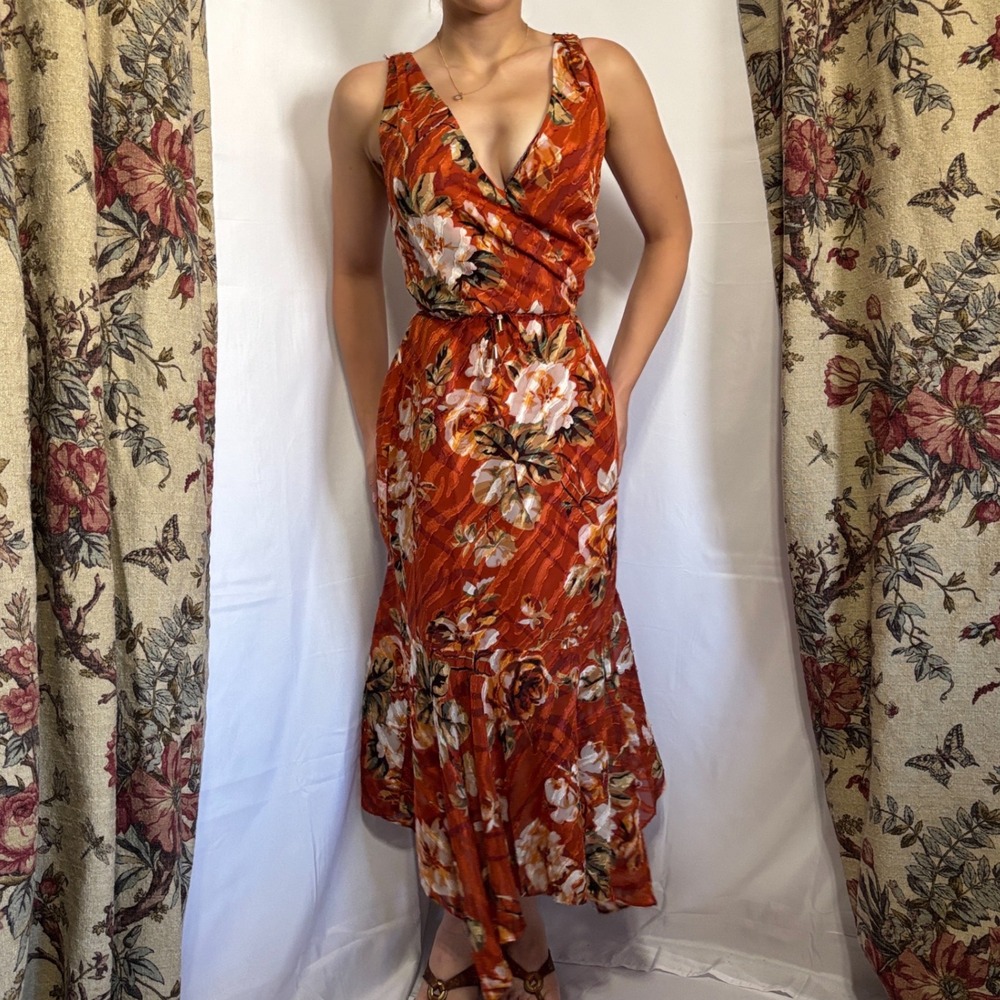 WHITE HOUSE BLACK MARKET gorgeous floral dress with orange tiger print burnout